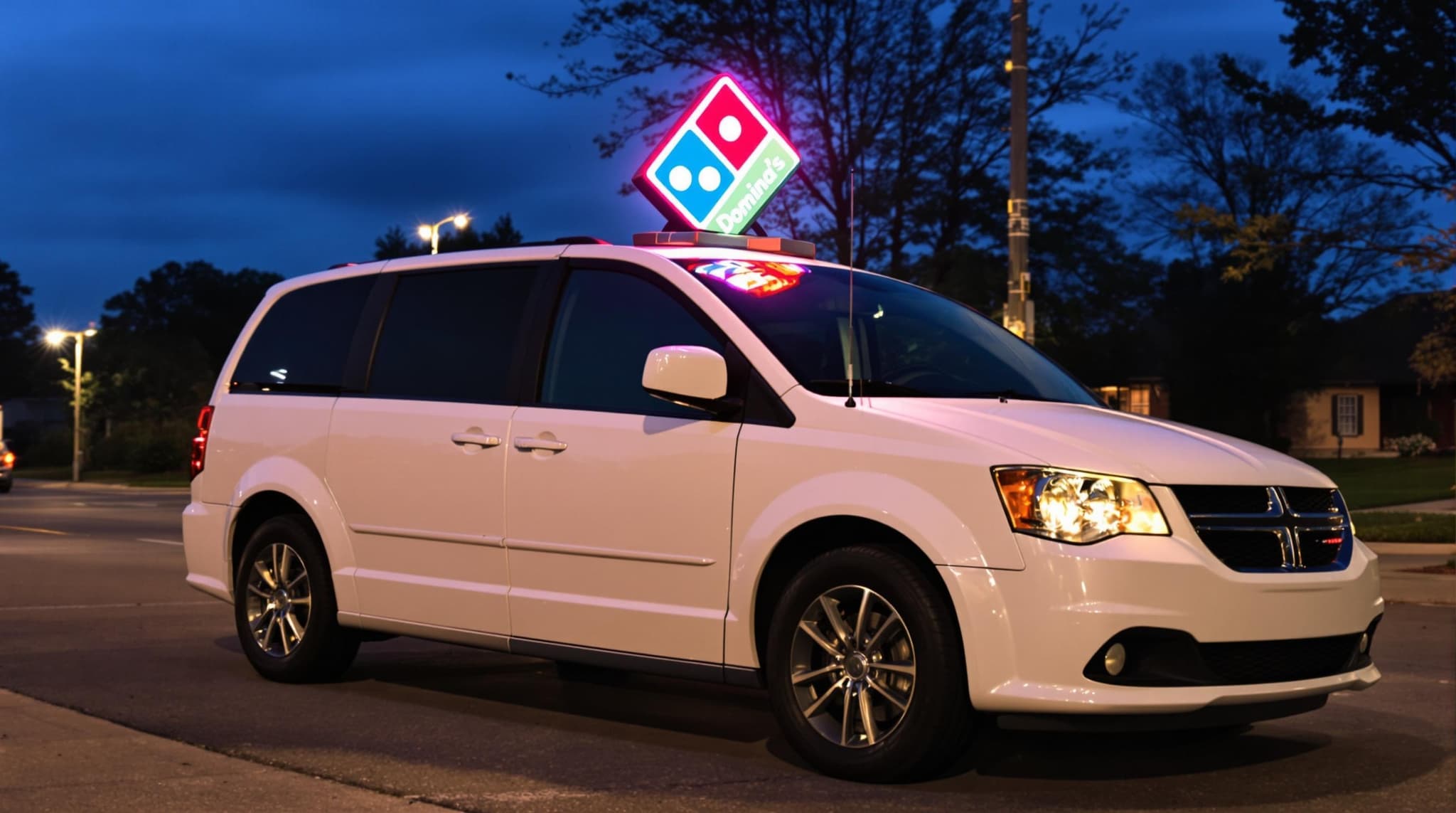 2011 Dodge Grand Caravan Mainstreet White Minivan Car with a Domino's Pizza siren head on this car