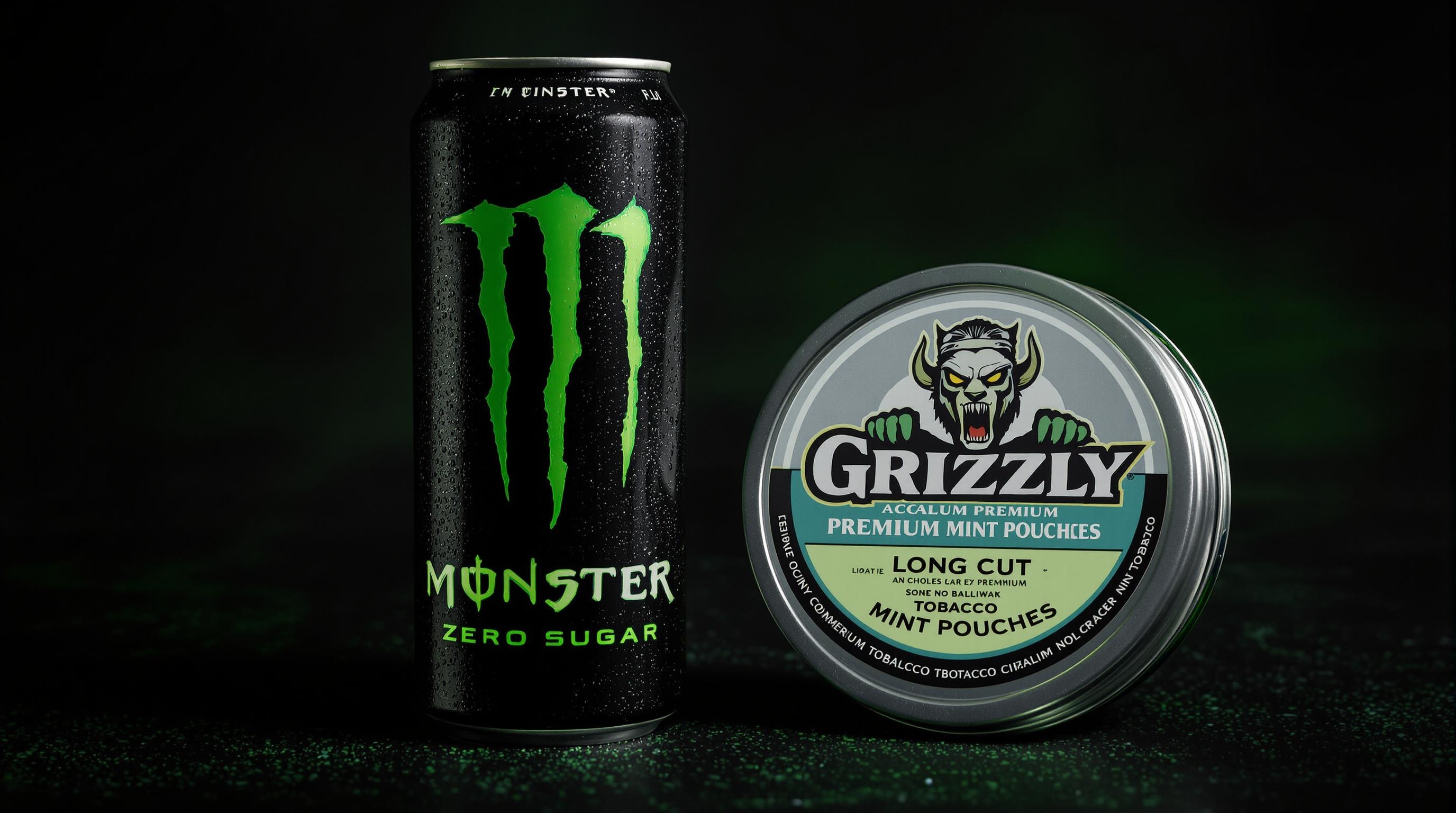 Monster Energy Soda Drink Zero Sugar Can & Grizzly Premium Long Cut Mint Pouches Tobacco Can 