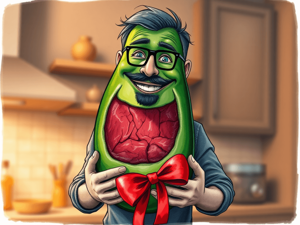 a sketchy smiling cucumber is cut open but instead of finding vegetable content it looks like a roasty steak in the inside. A beardy man with short hair and glasses smiling and holds this piece and will give it to another one as gift with a ribbon.