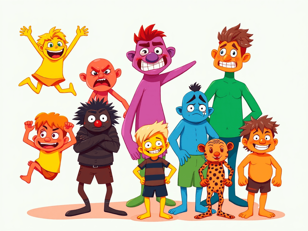 Characters representing the core emotions, Joy (yellow character in bright clothing with arms up and feet look like shes jumping), Fear (purple scared character looking for danger) ,Anger (red, irritated face scrunched up with big eyes) Disgust (green character with side eyes disappointed face) Sadness (blue character displaying low energy, looking down with dark clothing and features) Excitement (orange character with lots of energy and stripy clothing) and Sexual Excitement (character depicting the urge to procreate, more cave person vibes)