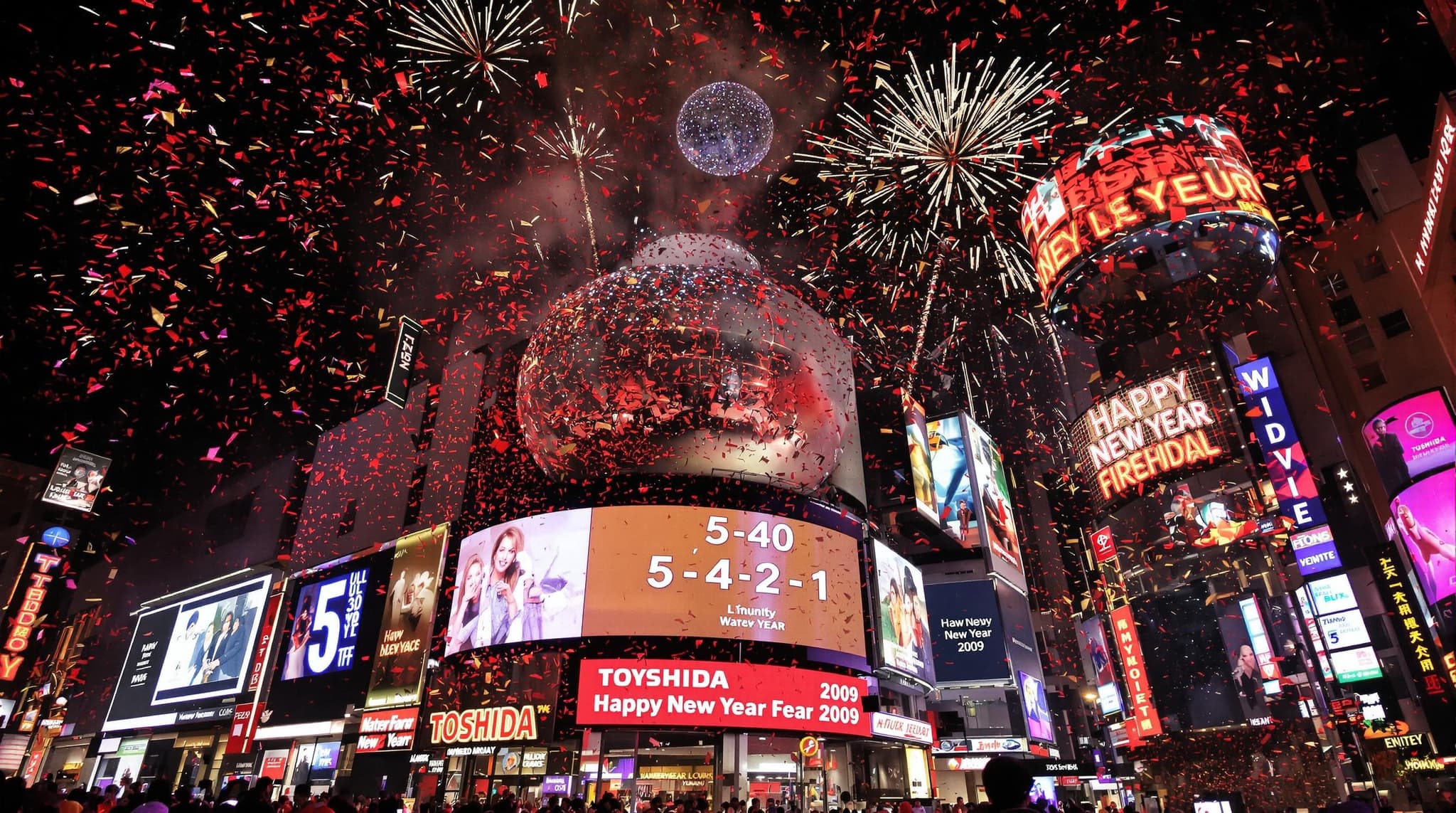 Times Square ball New Year’s Eve countdown to 2008 2009 Toshiba Countdown at dark midnight as we Ring in the new year with popping colorful confetti machine and fireworks happy new year 2009 billboard stage screens 