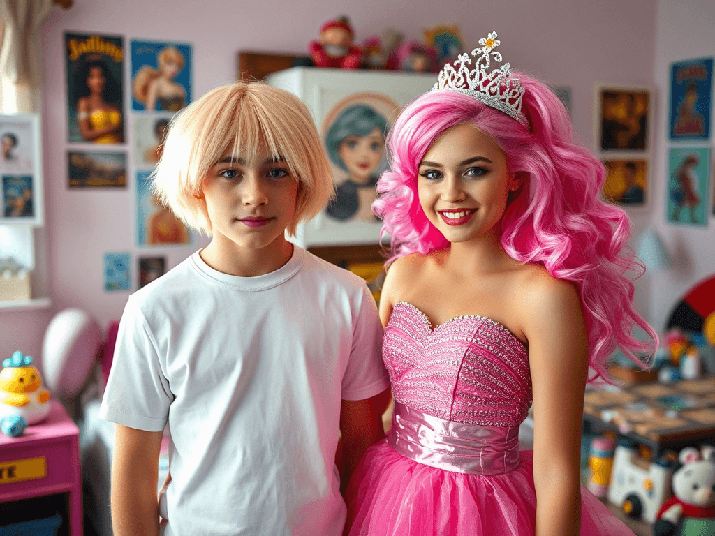 teenage girl dressing teenage boy in a barbie doll costume