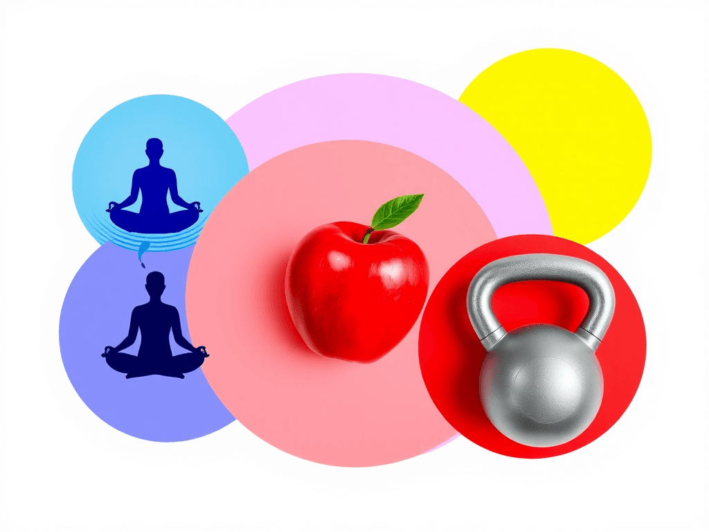 5 different coloured circles, one with a person meditating, one with someone sleeping, one with an apple, one with exercise weight
