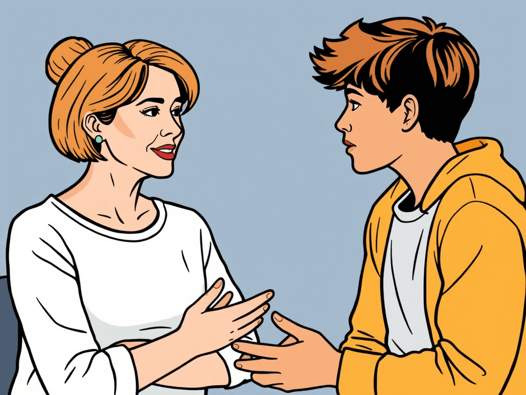 outline of 2 people talking one 30ish age woman and a young person with an interview format