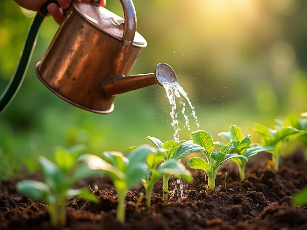 watering can being filled by hose pipe at the same time as the water can is watering saplings