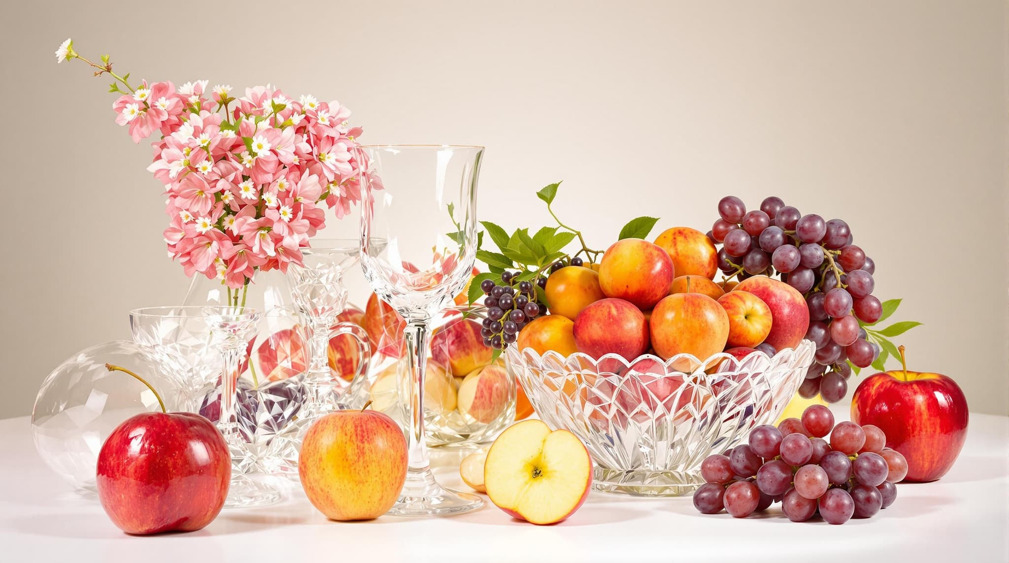 a  simple still life with glass objects and various fruits in studio lighting