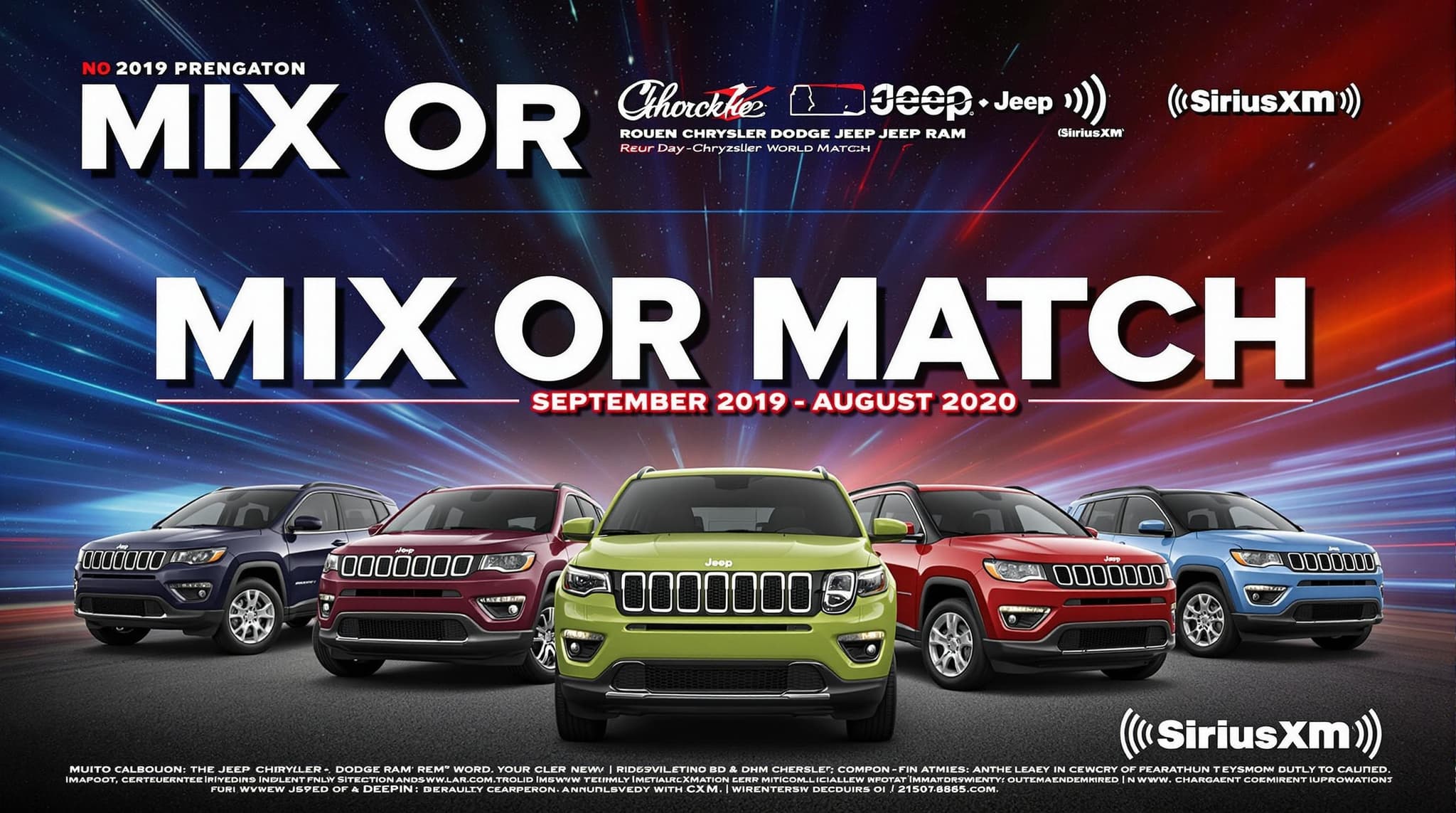 2019-2020 Jeep Cherokee sales event mix or match cars Poster mail AD Running Stone: September 2019-August 2020 on Rouen Chrysler Dodge Jeep RAM of Woodville, OH And Jeep SiriusXM Satelite Radio 