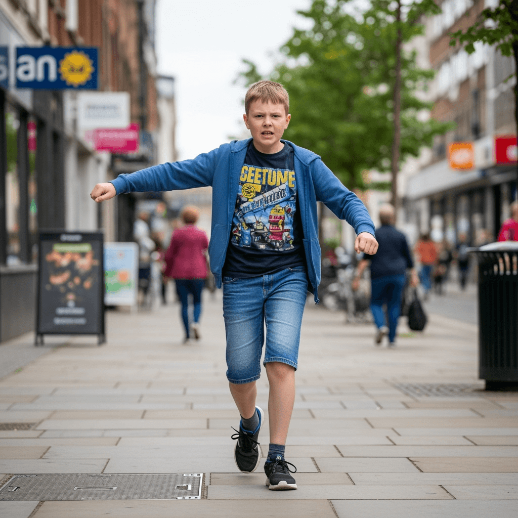 Teenager (12-15 years) walking heavy footed (looks like stomping) so bent knees. 