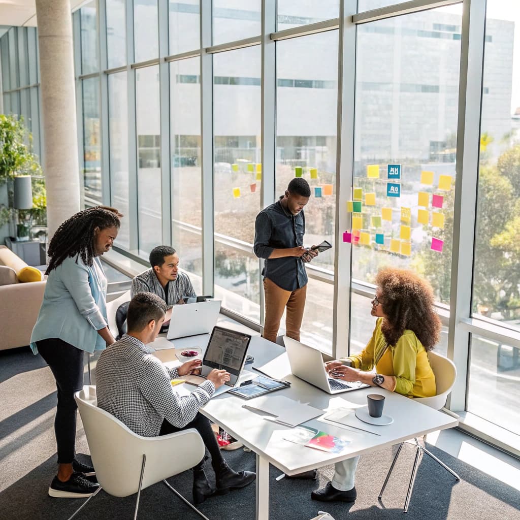 A diverse group of professionals collaborating in a modern office.