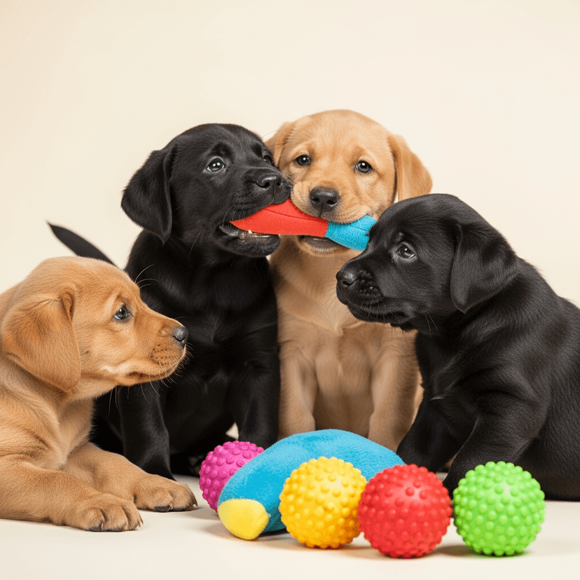 A group of puppies playing with toys in a studio (action, cute).