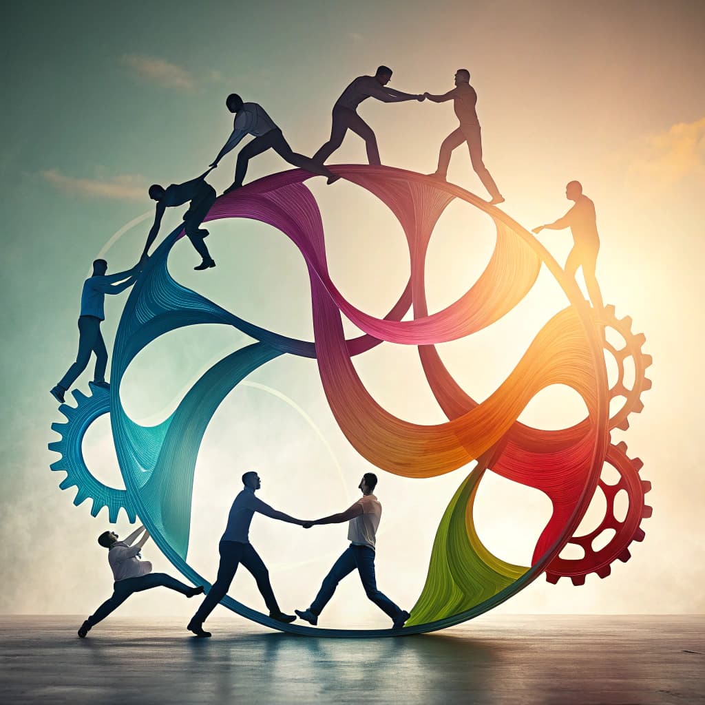 An AI-generated abstract depiction of teamwork with vibrant colors.