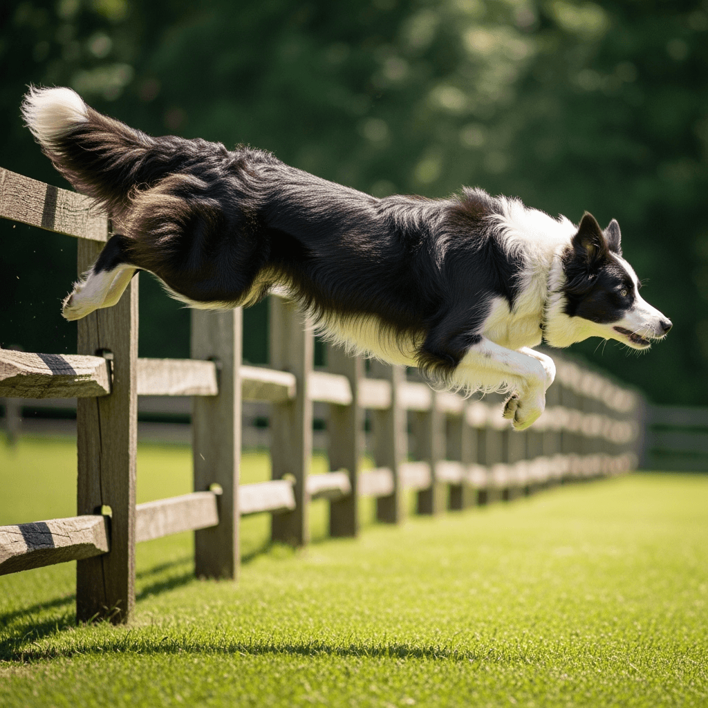 A Border Collie leaping over a fence (dynamic, realistic)