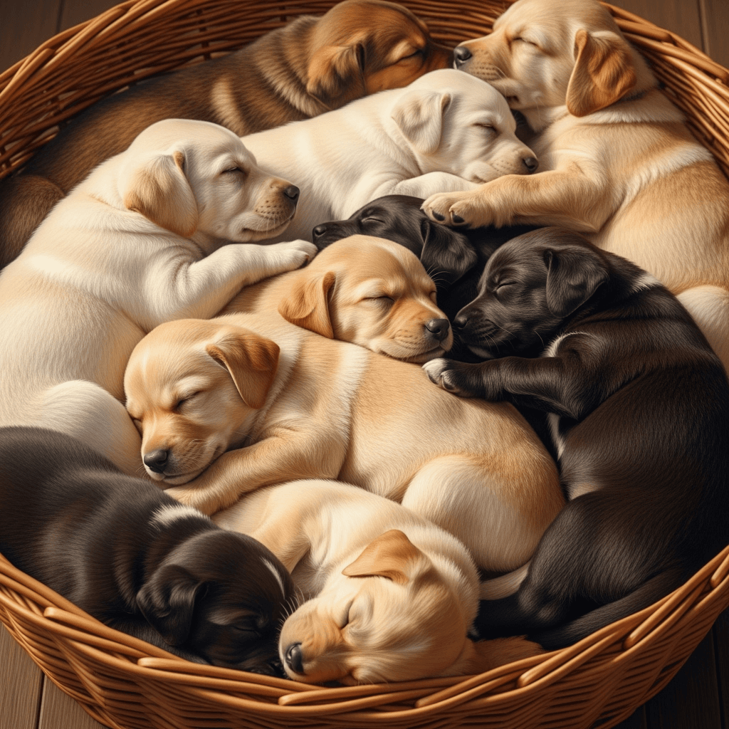 A basket of assorted puppies (e.g., Lab, Golden, mixed breeds) sleeping together (realistic).