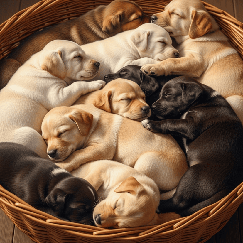 A basket of assorted puppies (e.g., Lab, Golden, mixed breeds) sleeping together (realistic).