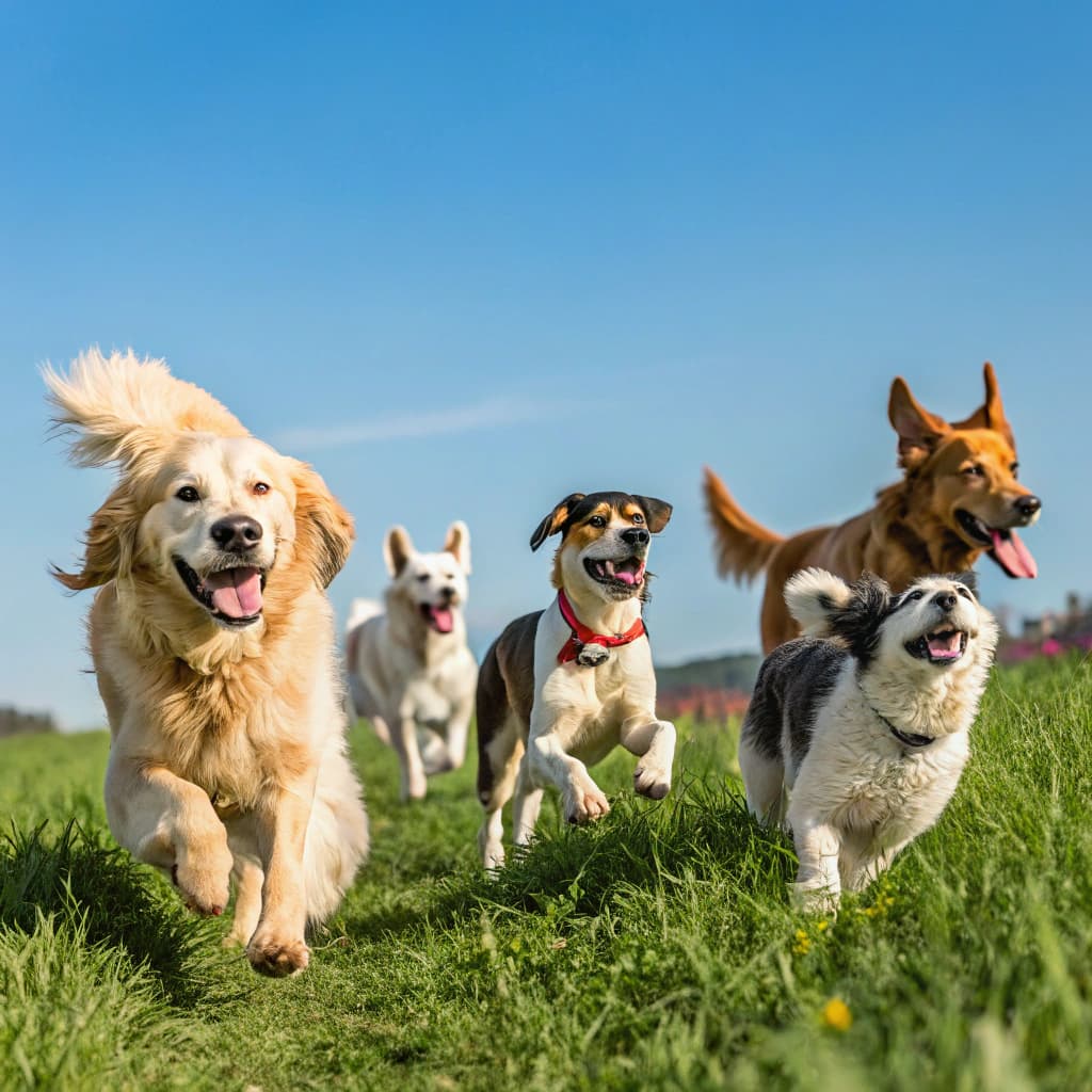 A pack of diverse dog breeds running together