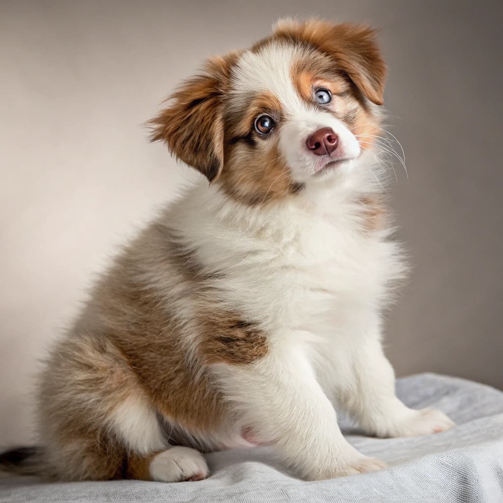 A puppy with a cute expression in a studio setting