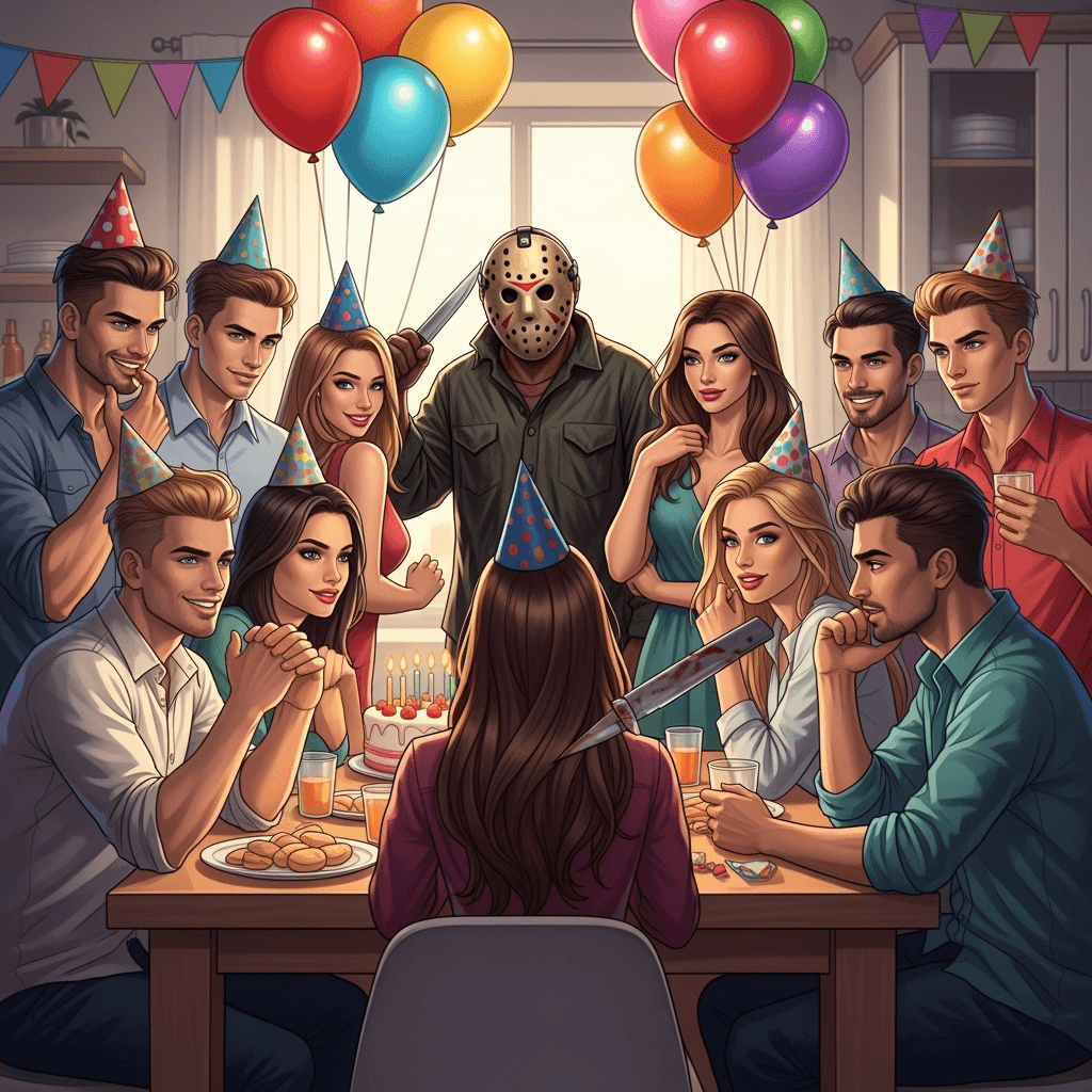 Show a group of ridiculously good looking group of boys and girls in their early 20s celebrating a birthday with Jason Vorhees. If you look closely you can see that Jason is about to stab one of the girls in the back. There should be balloons and a birthday and it should be set around a kitchen table