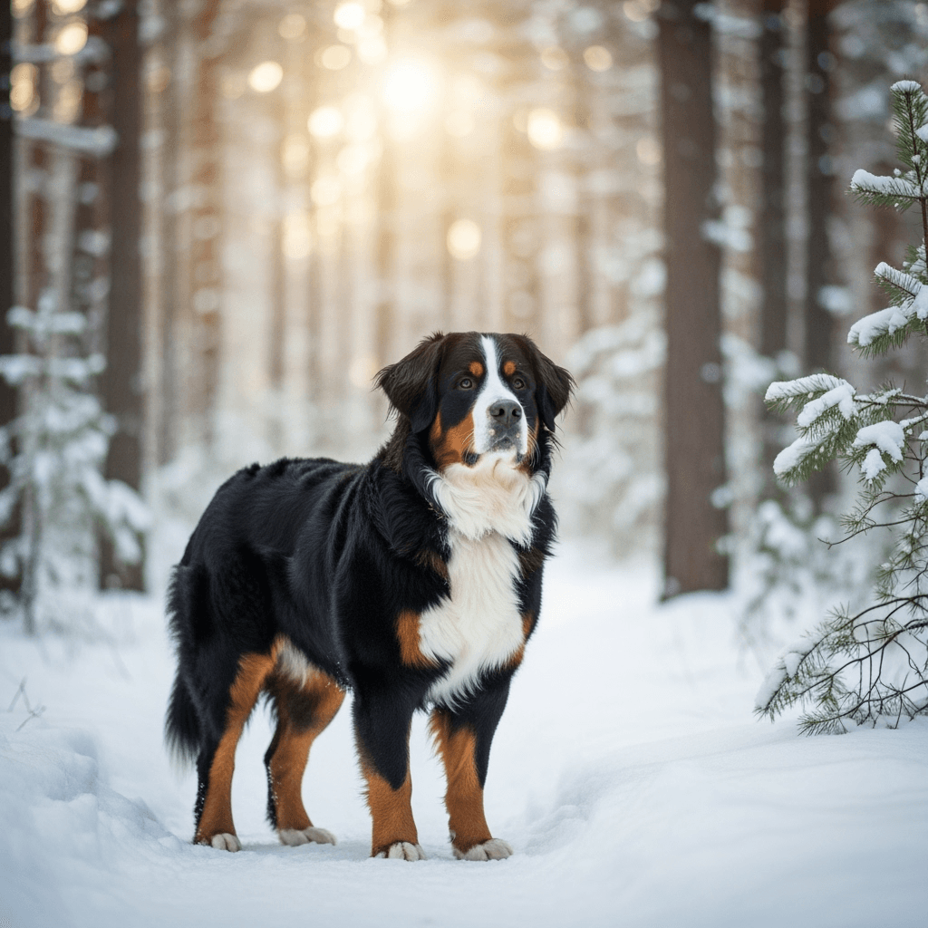 A Bernese Mountain Dog standing in a snowy forest (realistic, serene)