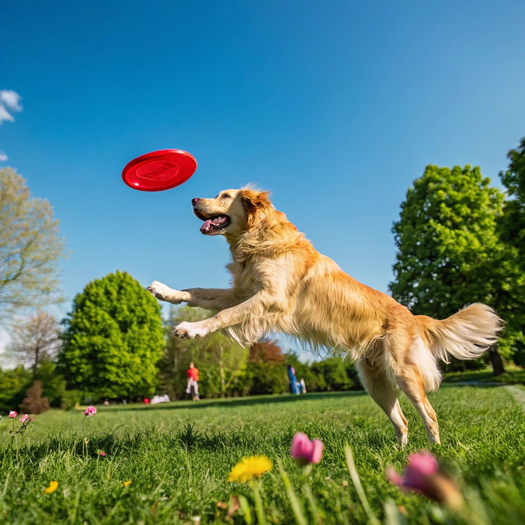 A golden retriever playing in the park
