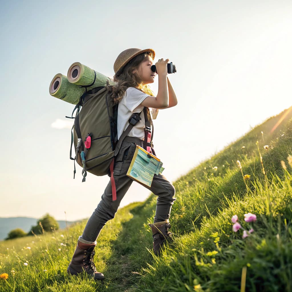 a girl walking in the hillside with a backpack on carrying tools and a map, binoculars etc as if she is on an adventure 