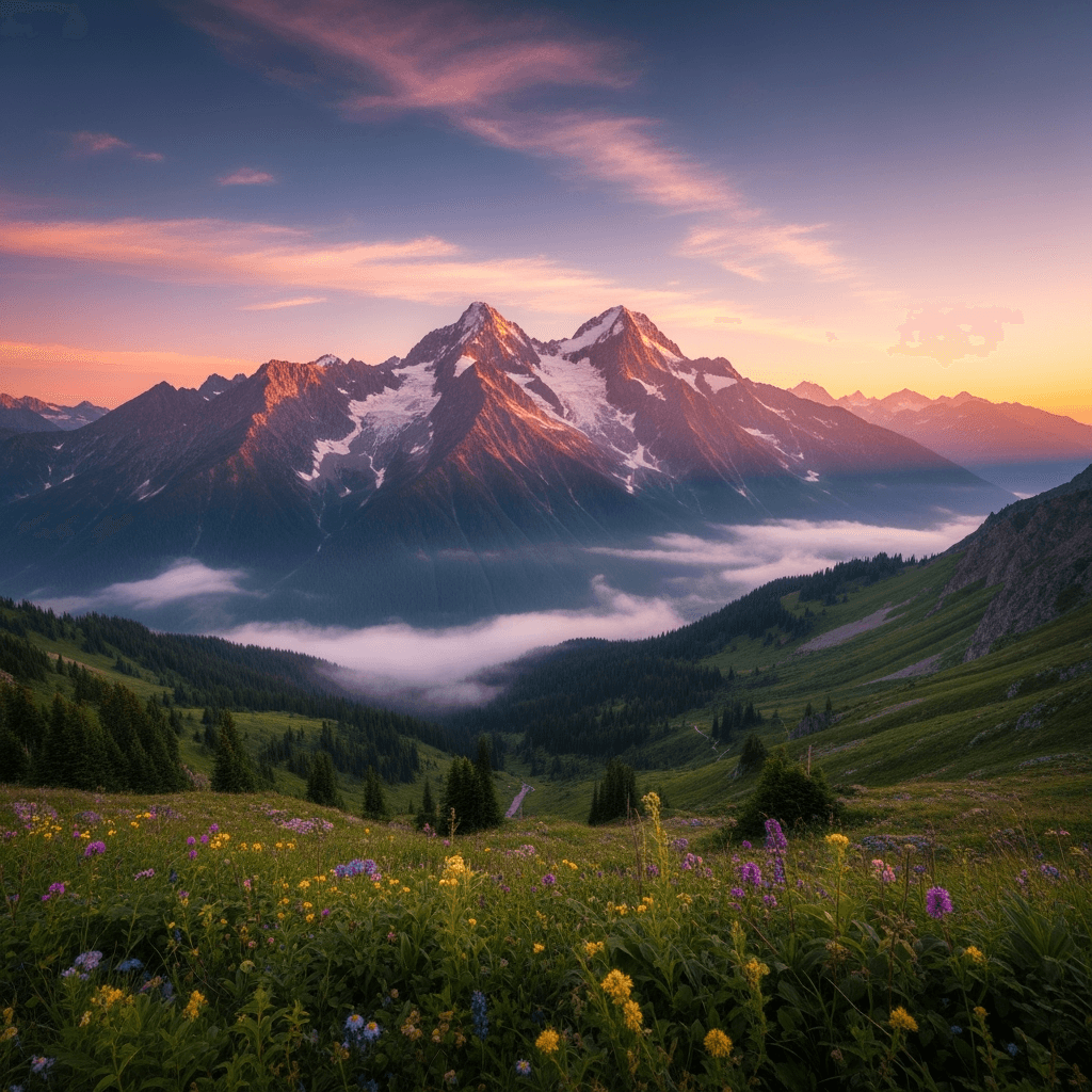 A breathtaking mountain range at dawn with vibrant colors.