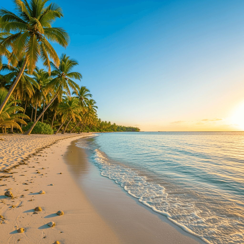 A serene beach with turquoise waves and palm trees.