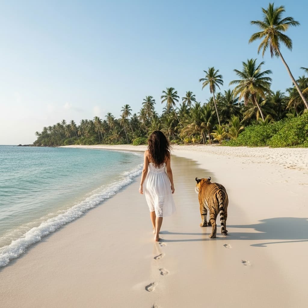 Please edit the image by adding a tiger walking alongside to the right of the woman. The tiger should be walking by her side. - image by Instastock