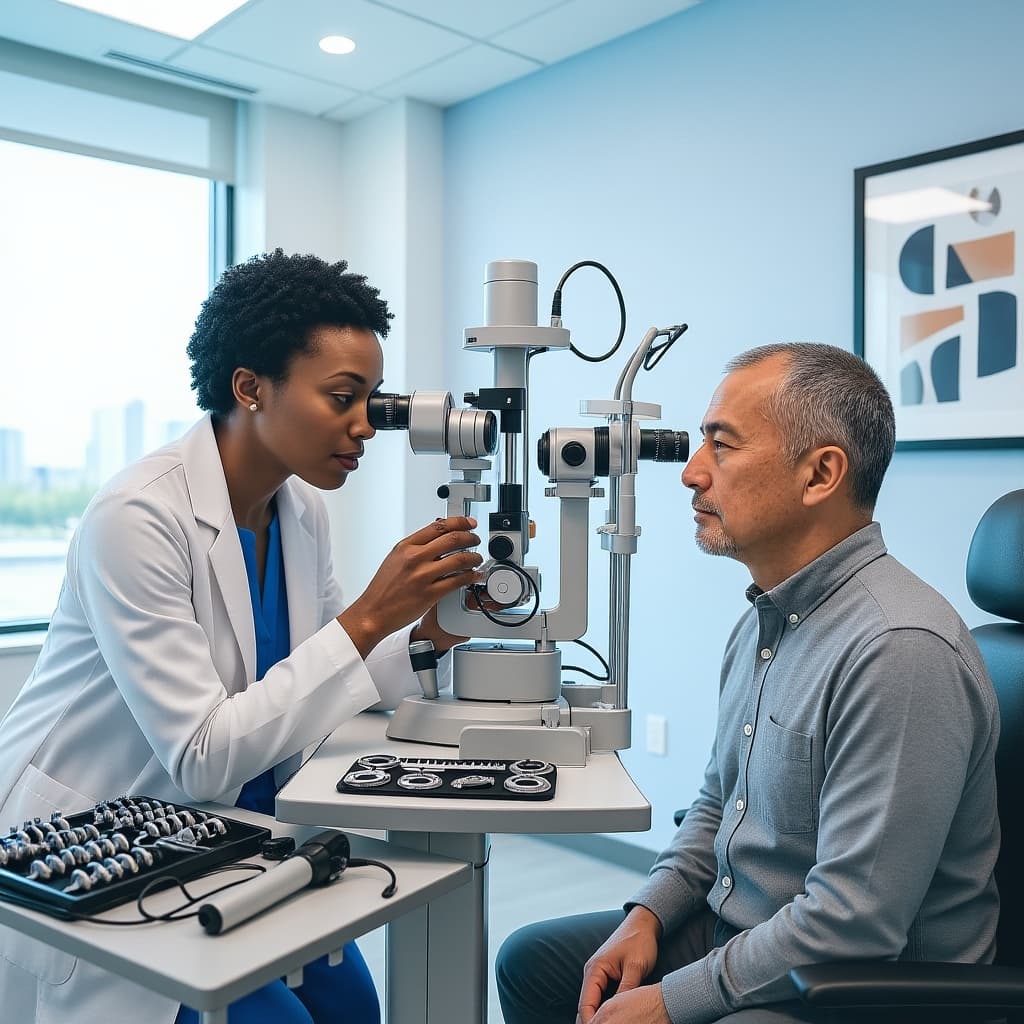médecin ophtalmologue noir examinant son patient africain. Must be in a photorealistic style - image by Instastock