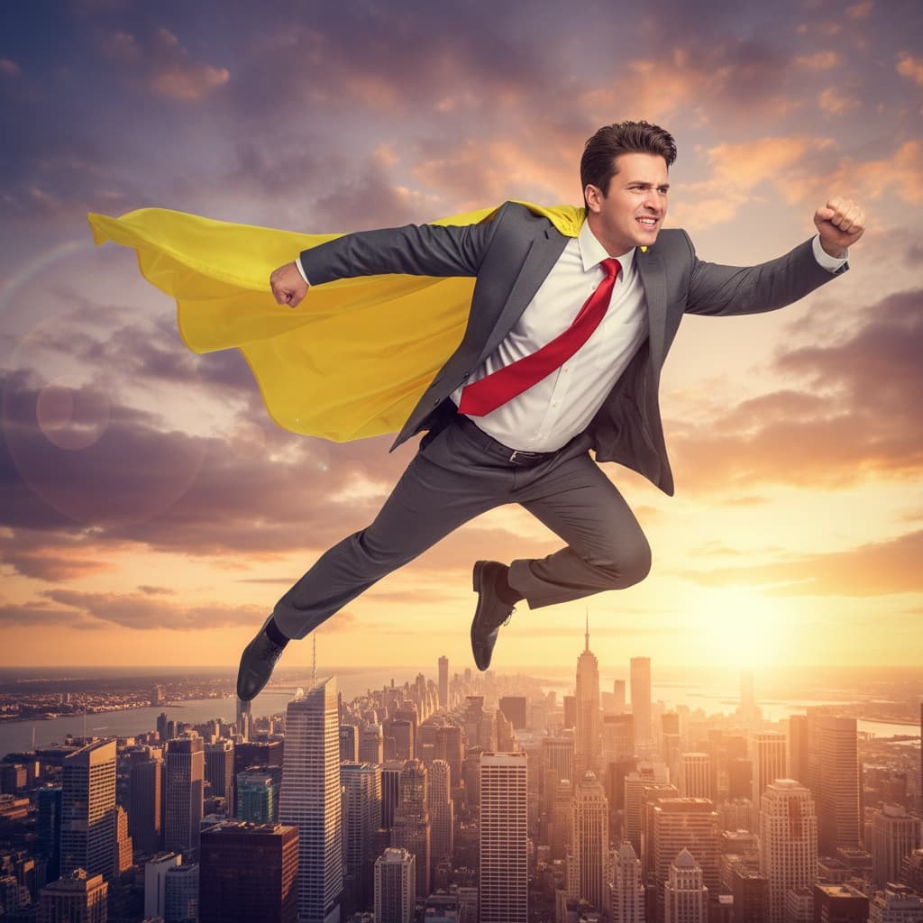 A businessperson in a cape leaping over a skyline? This **funny stock photo** takes “work hard, play hard” to superhero levels. - image by Instastock