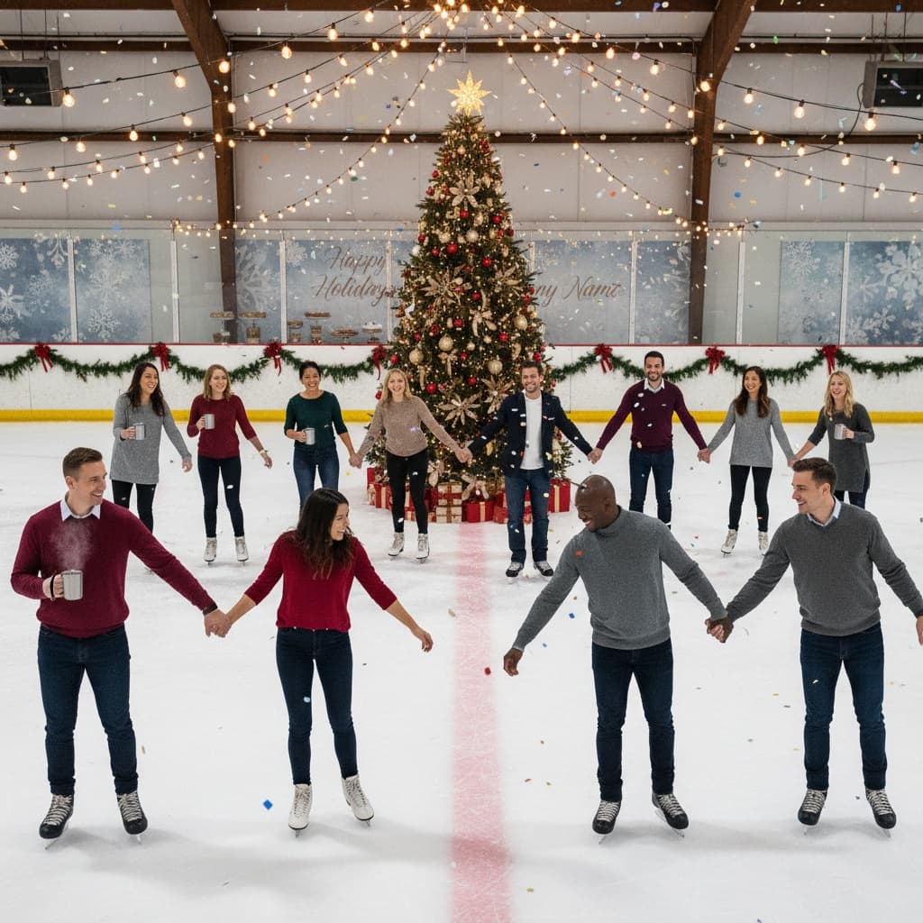 Colleagues celebrating at a company ice skating party, complete with festive decorations. This fun, energetic photo is great for corporate holiday materials. - image by Instastock