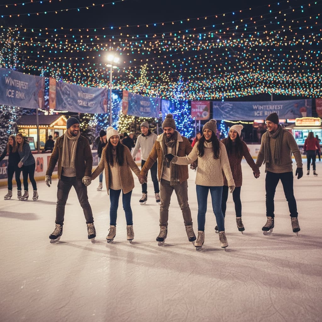 A group of friends laughing and skating under colorful lights at an outdoor rink. The vibrant atmosphere makes this **people ice skating together** photo perfect for social event promotions. - image by Instastock