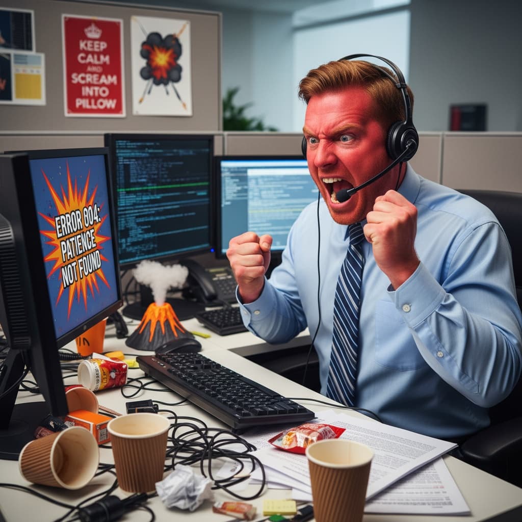 Humorous stock image of a customer service call Angry customer service call