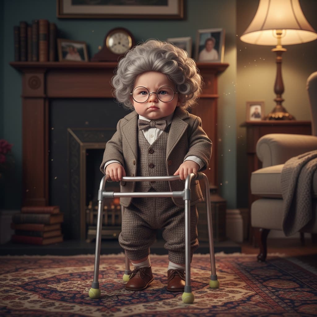 Baby dressed as an old person and walking with a zimmerframe - image by Instastock