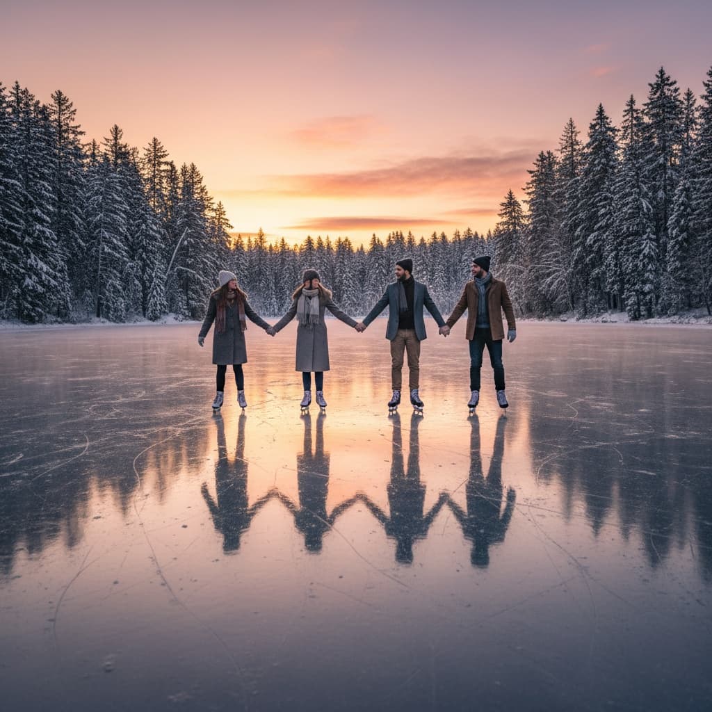 Two couples gracefully skating hand-in-hand on a serene frozen lake at sunset. This romantic scene adds a touch of elegance to any winter-themed content. - image by Instastock