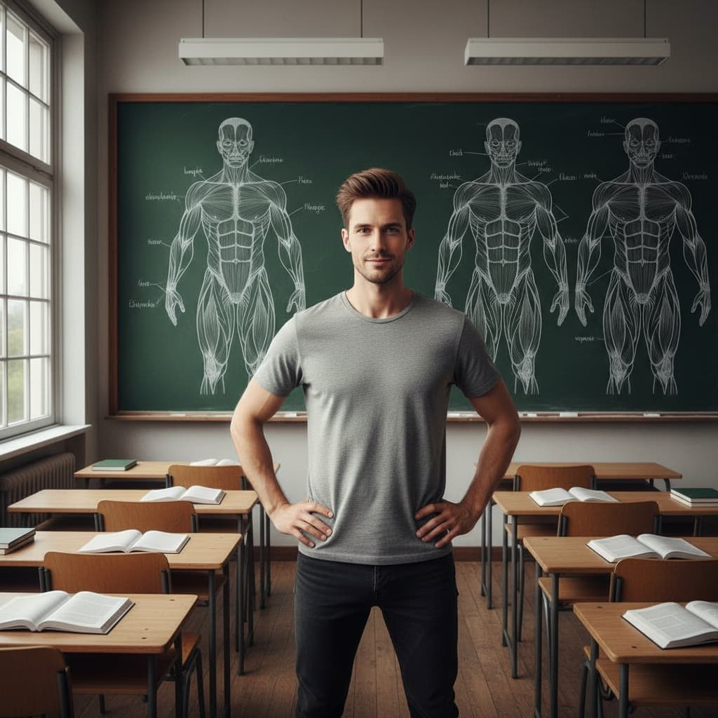 A skinny man stood in front of a blackboard with muscles drawn on the board - image by Instastock