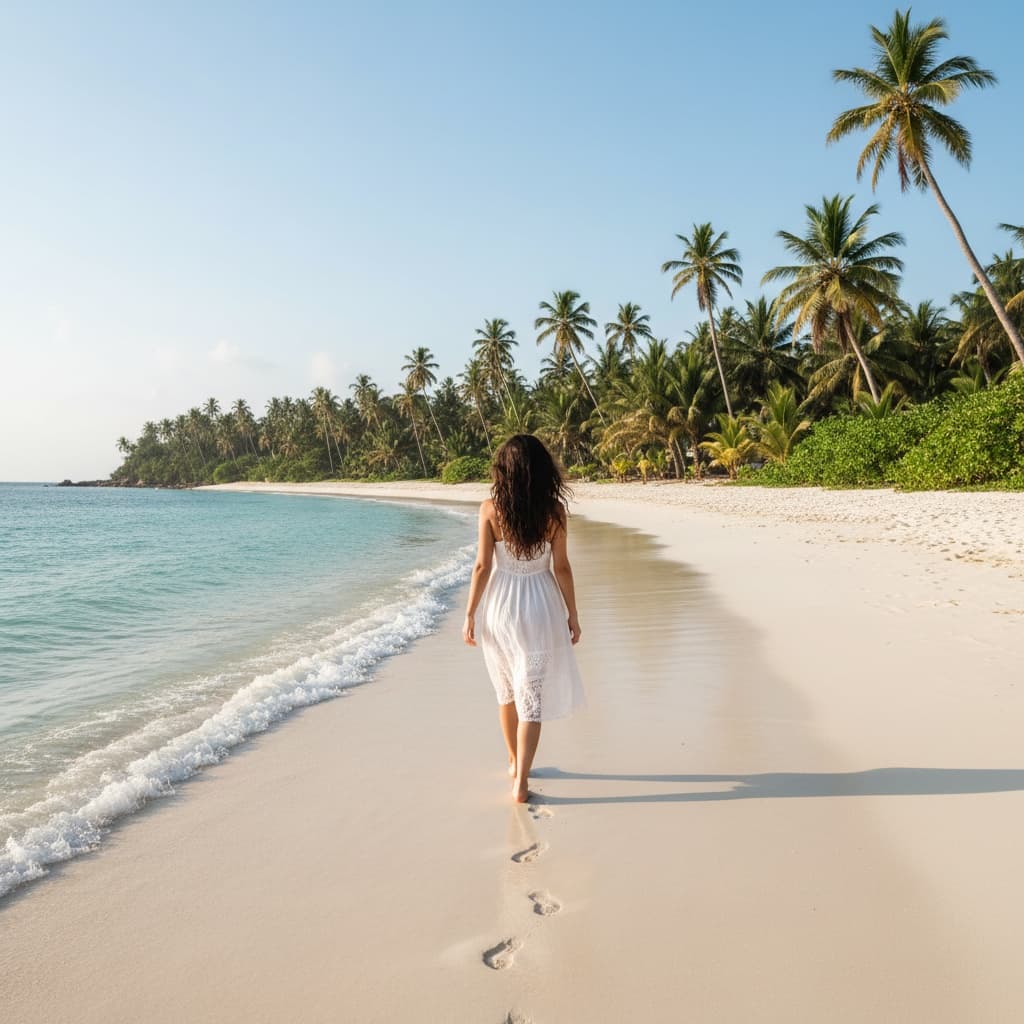 A woman walking away from the camera on a tropical beach - image by Instastock