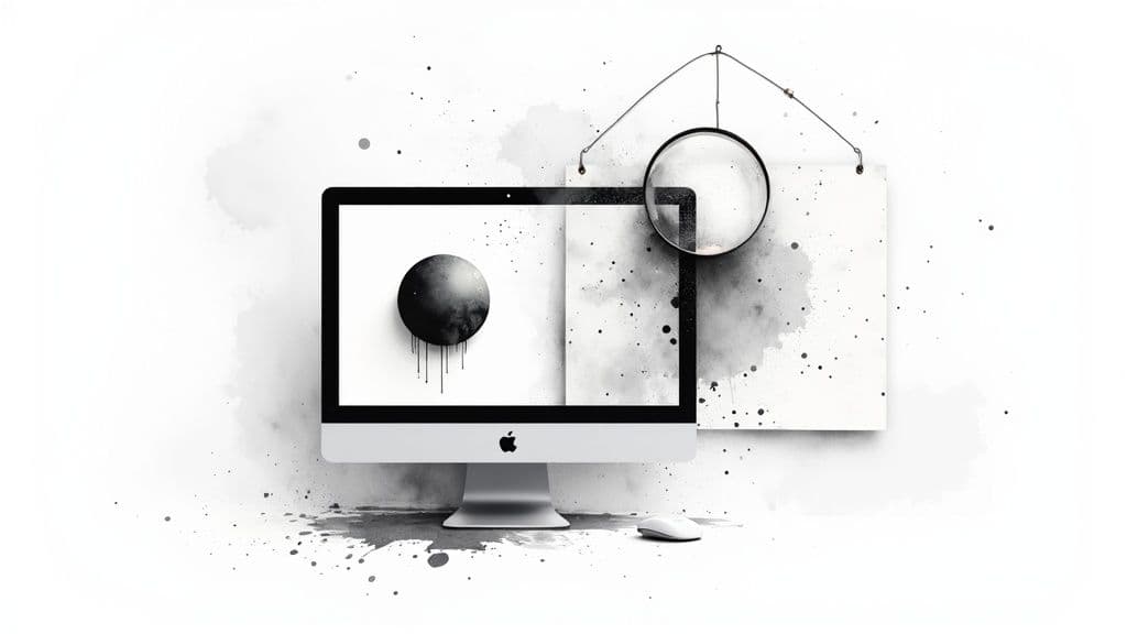 Modern desktop computer with artistic black spheres and geometric design in monochrome style