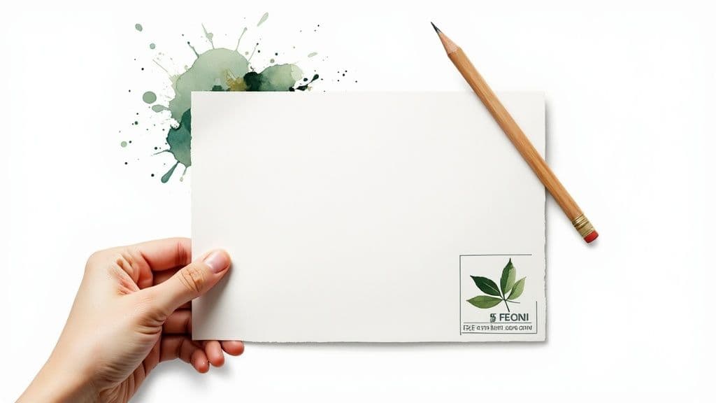 A stack of high-quality, eco-friendly paper sheets next to a green plant, symbolizing sustainability.