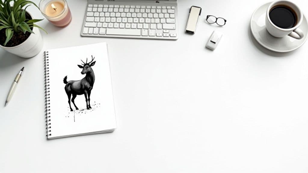 Black and white deer illustration on spiral notebook with coffee, keyboard, and office supplies on white desk