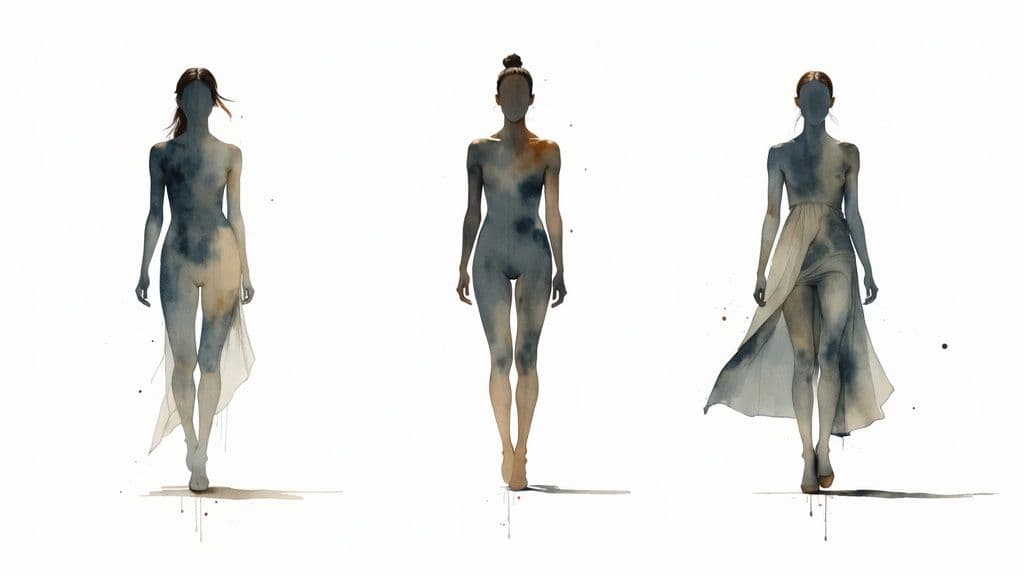 A fashion illustration showing various design sketches and colour palettes.