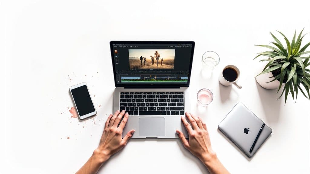 Person editing promotional video on laptop with coffee and smartphone on white desk