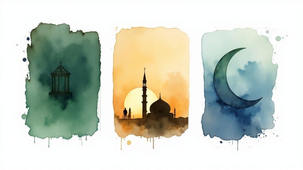 Watercolor triptych featuring Islamic lantern, mosque silhouette at sunset, and crescent moon symbol
