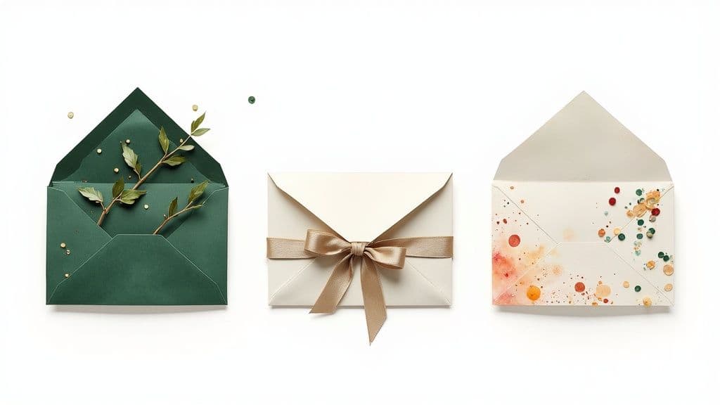 A person holding a beautifully decorated Christmas-themed gift card envelope.