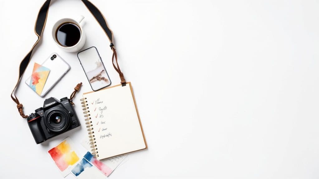 A person creating a shot list for a product photoshoot on a notepad with a camera and products nearby