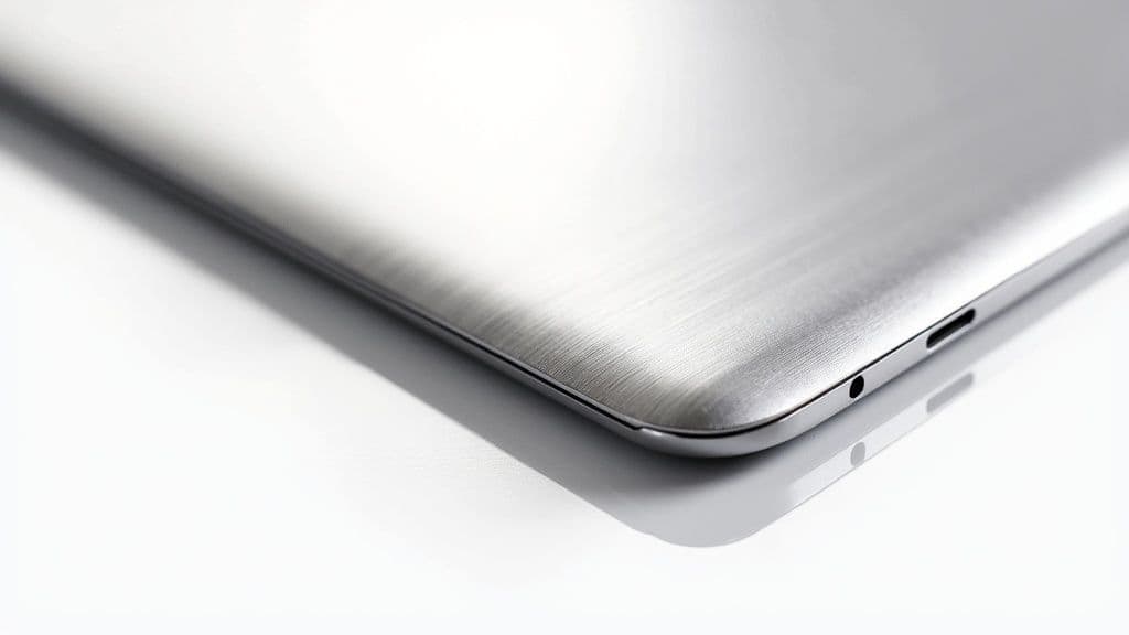 A close-up of a high-quality, realistic brushed metal texture showing fine, parallel lines and light reflections.