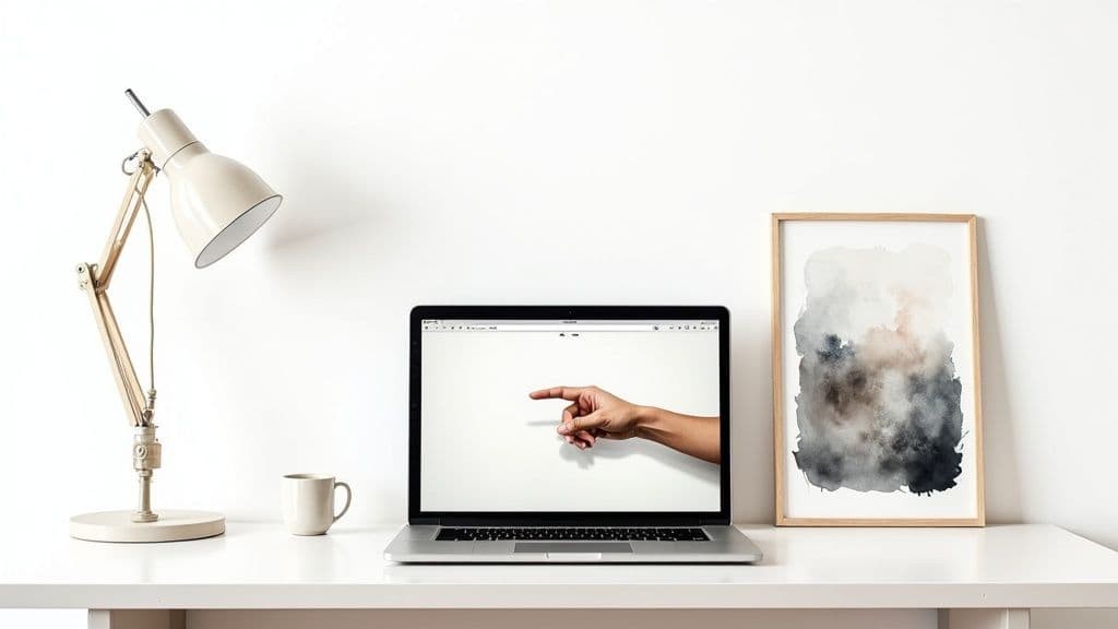 A person working on a laptop with vibrant graphic design elements floating around them, symbolizing creativity.