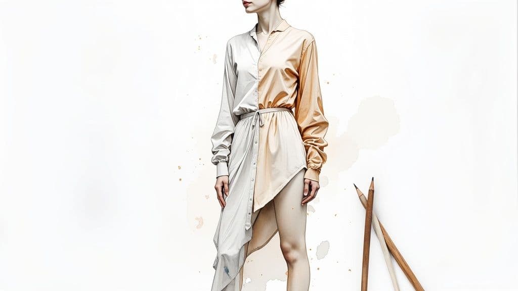 A fashion illustration showing a designer working in Adobe Illustrator on a clothing design.