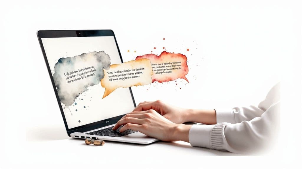 A person writing compelling copy on a laptop with creative ideas visualized around them