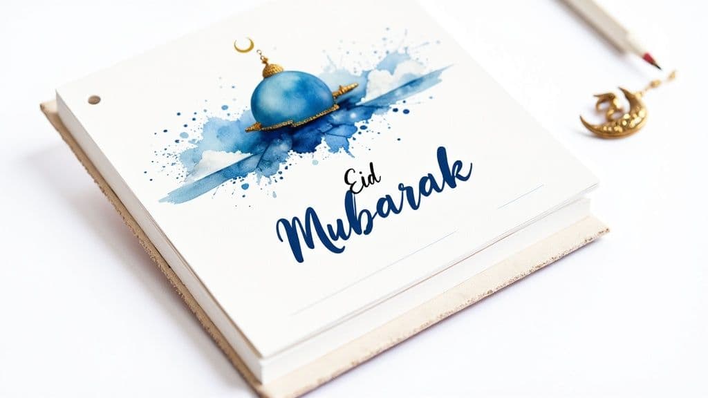 Watercolor Eid Mubarak greeting card with blue mosque dome and crescent moon decoration