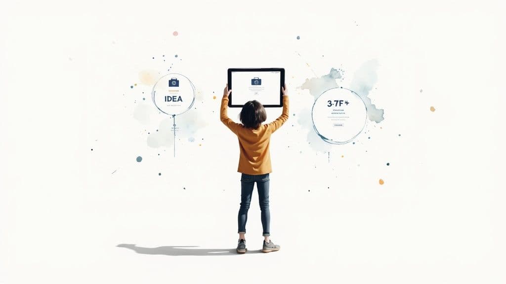 Person holding tablet displaying ideas and statistics for creative promotional video planning process